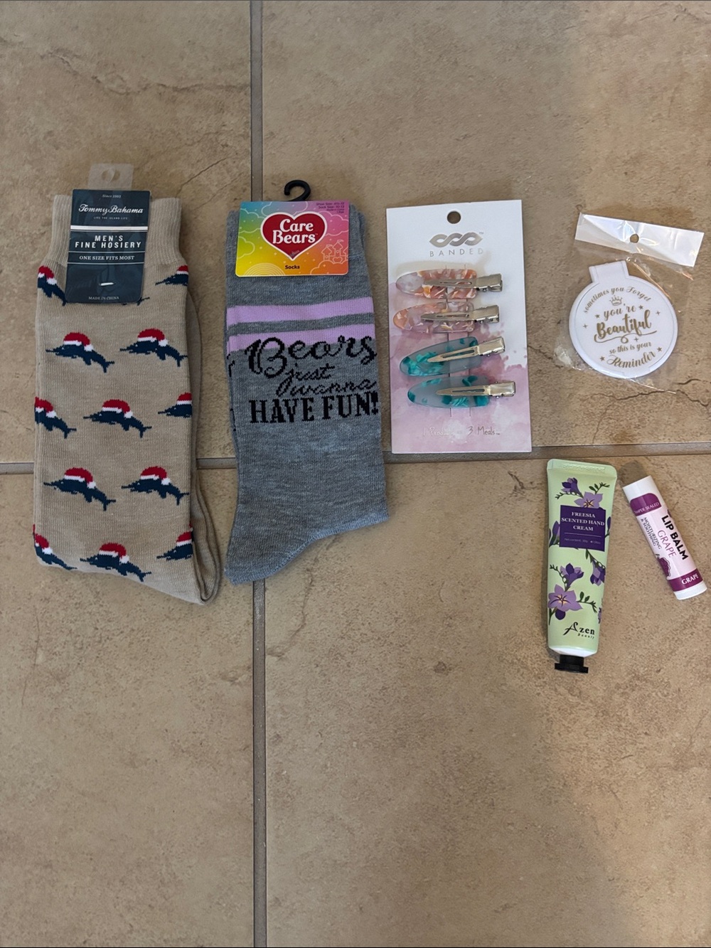 Bundle 2 pairs of socks 4 hair clips. Cream  lip balm and compact mirror